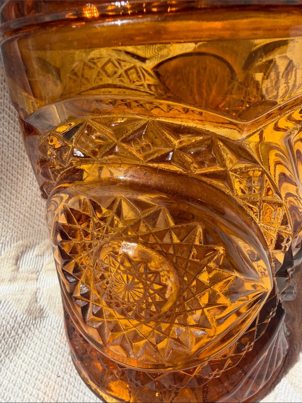 Vintage Amber Cut Glass Covered Jar - Vintage